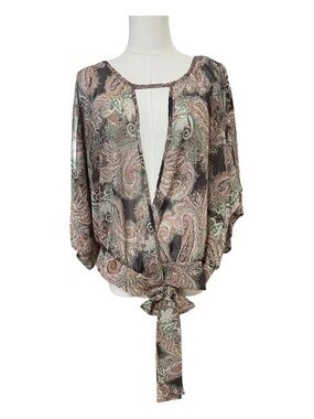 EUC Tyche Sheer Paisley Cold Shoulder Tie Front Blouse | Size Large